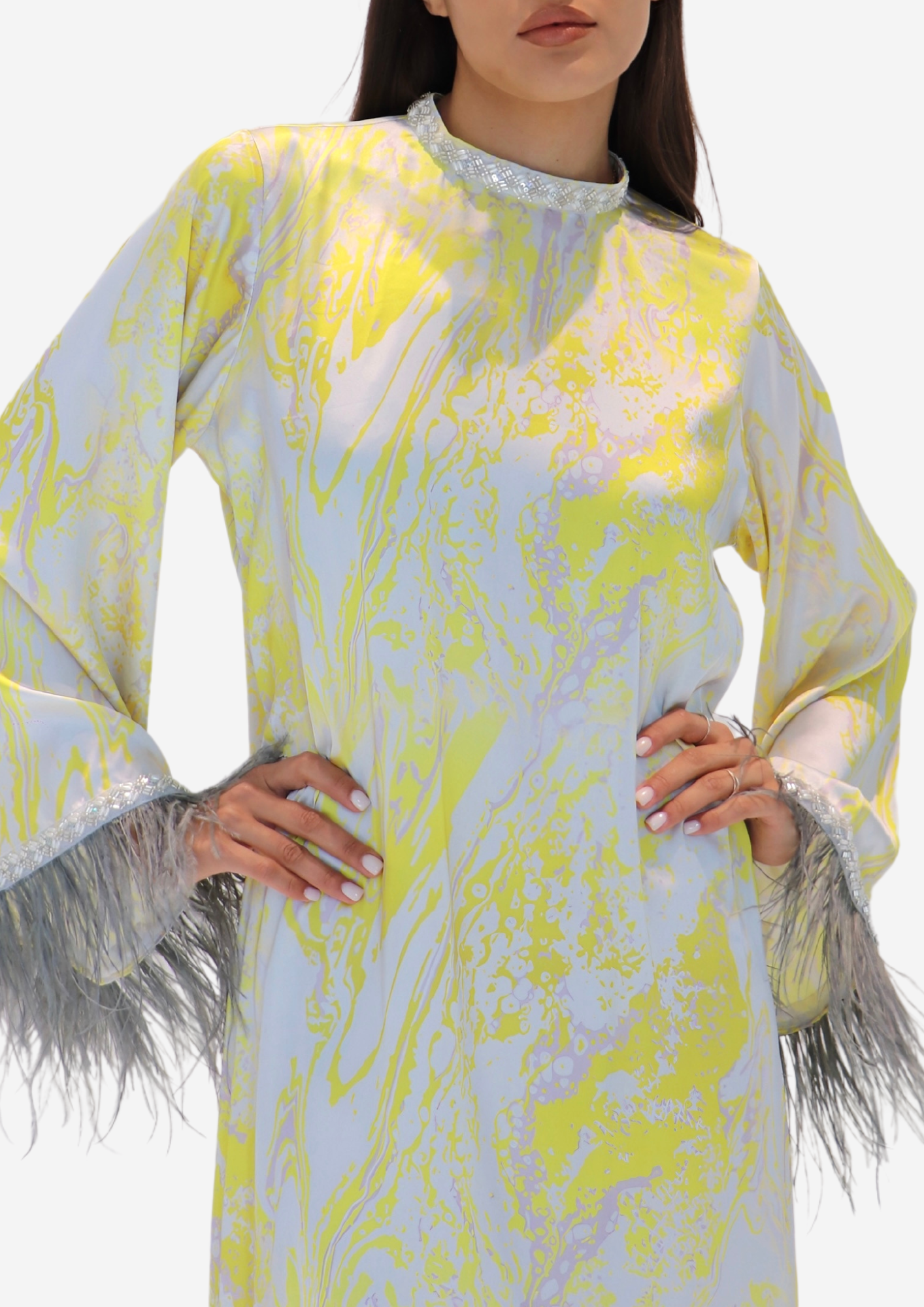 Yellow&Gray Dress With Feather