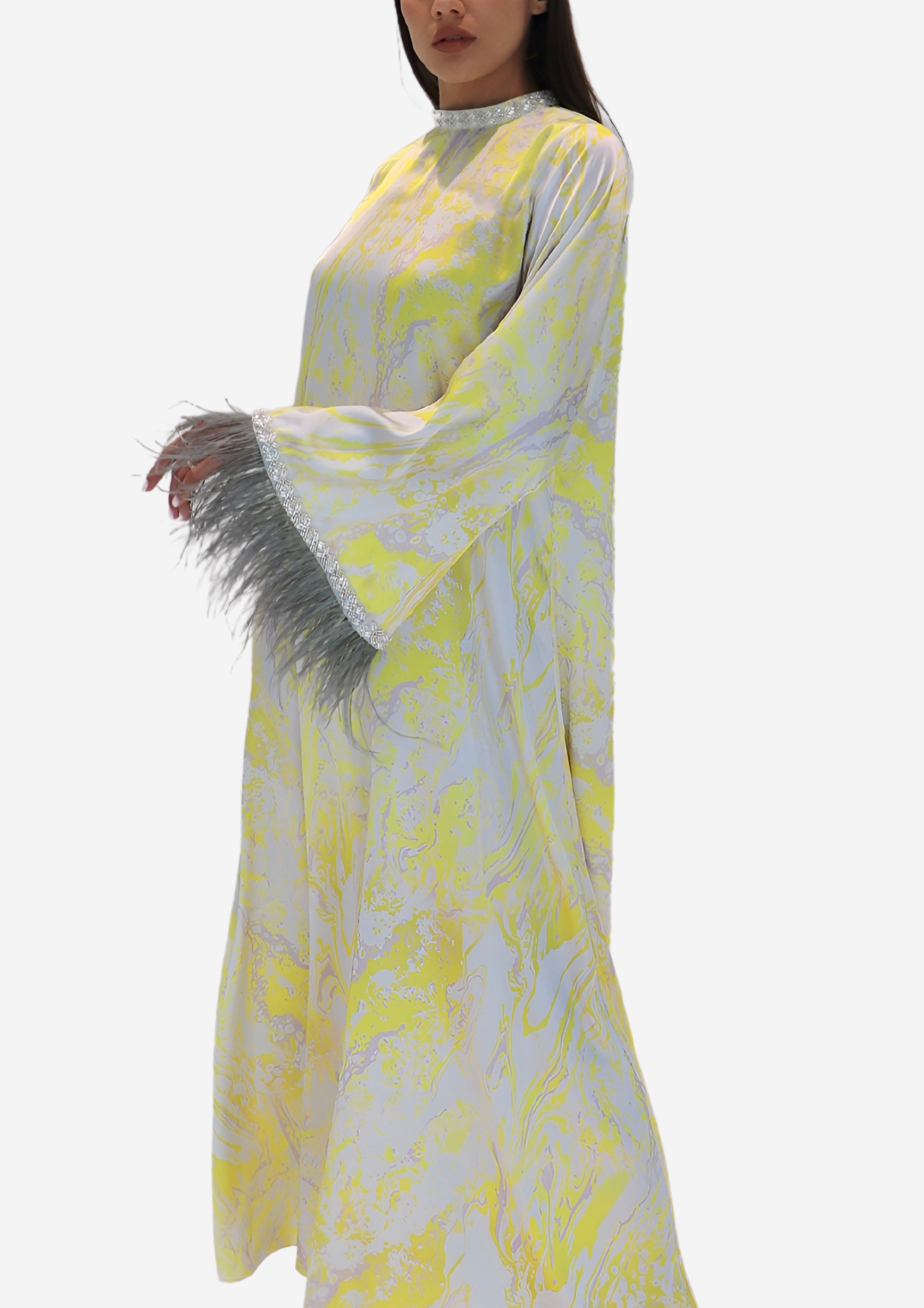 Yellow&Gray Dress With Feather